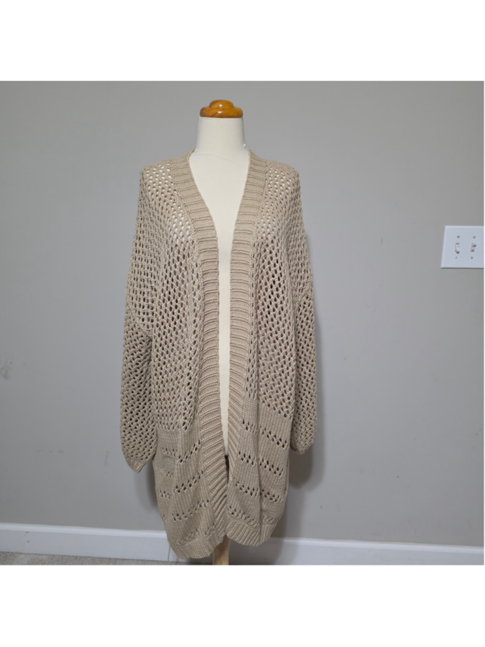 Kye Mi Beige Open Front Fishnet Crochet Knit Duster Cardigan Sweater Size S